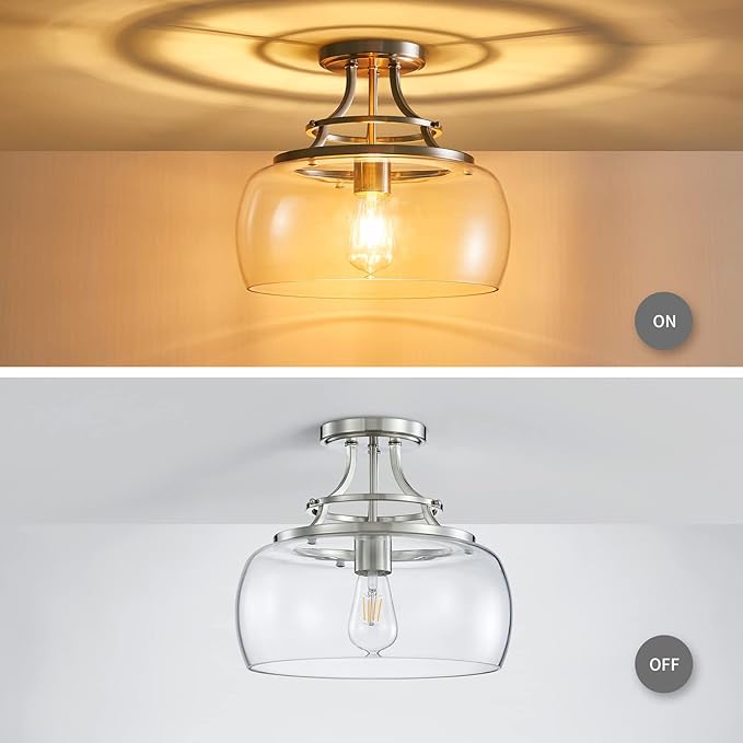 WUZUPS Chandelier Rustic Farmhouse Industrial Round Semi-flushmount Ceiling LED Light Fixture with Clear Glass Shades for Bathroom Kitchen Foyer Entryway, H 11.8" x W 13.4", E26 Base, Brushed Nickel