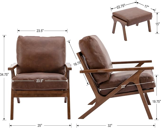 Brown Leather Accent Chair and Ottoman, Mid Century Modern Arm Chair, Retro Upholstered Armchair with Wood Frame & Removable PU Cushions, Large Leisure Slipper Chair for Living Room/Bedroom, Set of 2