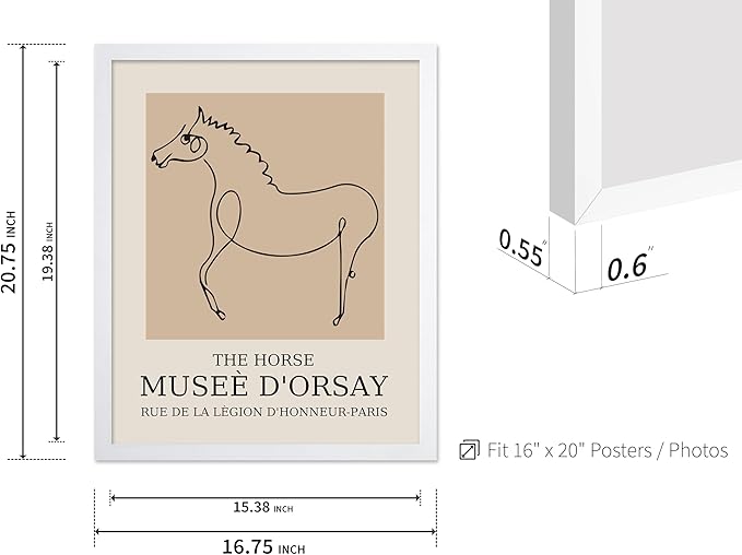 Poster Master Vintage Poster - Retro Minimalist Print - Gift for Artist, Friend - Horse, Line Drawing, Sketch, Abstract - Wall Decor for Living Room, Bedroom, 16x20 White Framed