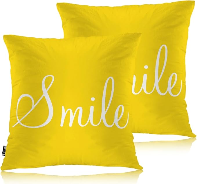 Swono Smile Decorative Throw Pillow Covers Pack of 2, Funny Word Pillow Cushion Cases 18"X18", Square Pillowcases Decoration for Sofa Couch Bedroom Living Room Car, Sunshine Yellow