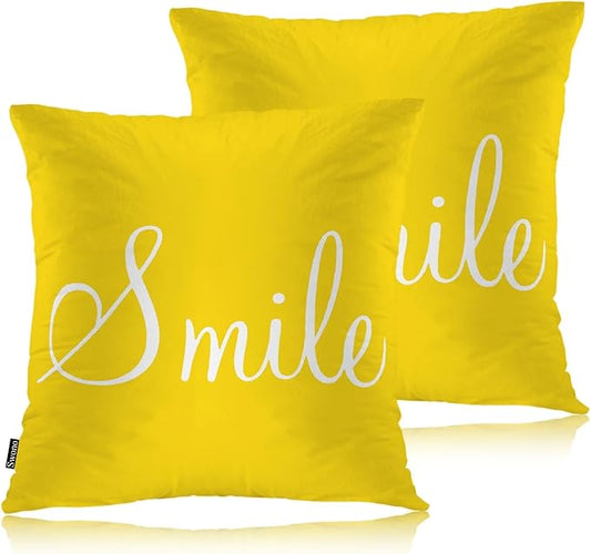 Swono Smile Decorative Throw Pillow Covers Pack of 2, Funny Word Pillow Cushion Cases 18"X18", Square Pillowcases Decoration for Sofa Couch Bedroom Living Room Car, Sunshine Yellow