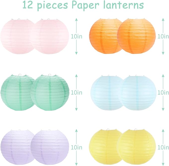 Paper Lanterns Pastel Round Hanging Chinese Lanterns for Birthday Baby Shower Rainbow Easter Party Decorations Pack of 12
