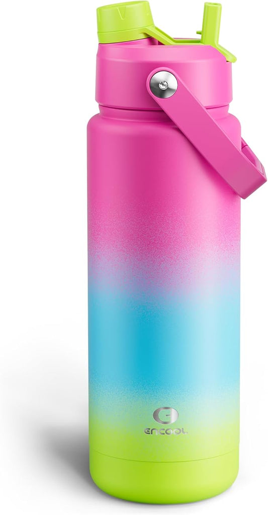 Insulated Water Bottle with Straw Stainless Steel Water Bottle, Leak-Proof, BPA-Free, Double Wall Vacuum Keeps Cold for 24 Hours for Sports, Travel, School (32 oz, Lime Sorbet)