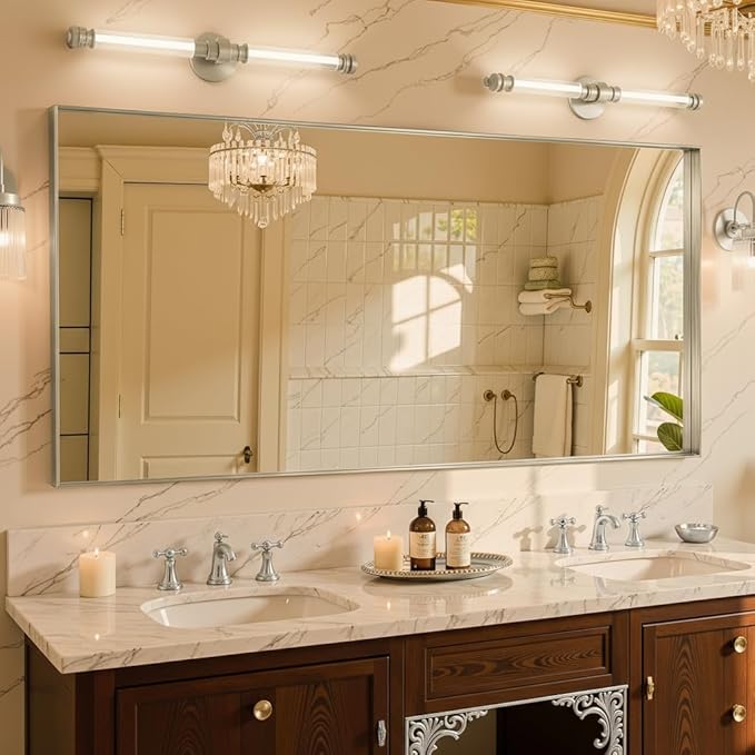 60"x28" Silver Framed Bathroom Mirror, Large Rectangular Vanity Mirror, Aluminum Metal Frame, Wall Farmhouse Modern Wall-Mounted Mirrors for Bathroom, Bedroom, Living Room, Over Sink