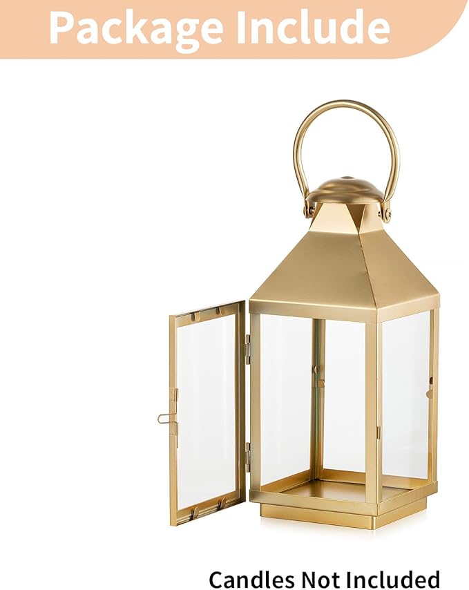 NUPTIO Gold Lanterns Decorative for Wedding: 11.3 Inch Tall Metal Lantern Decor with Glass - Outdoor Candle Holder for Table Centerpiece Dining Room Mantel Patio