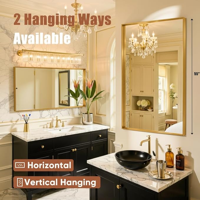 55"x30" Gold Framed Bathroom Mirror, Large Rectangular Vanity Mirror, Aluminum Metal Frame, Wall Farmhouse Modern Wall-Mounted Mirrors for Bathroom, Bedroom, Living Room, Over Sink