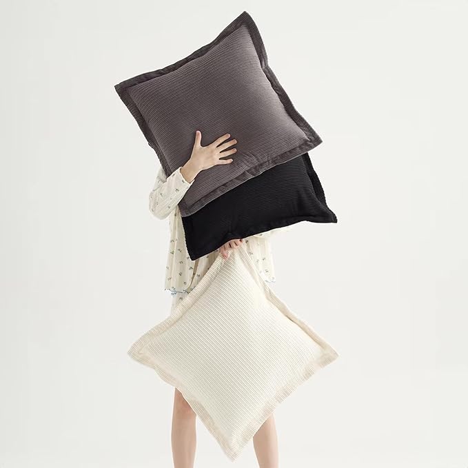 Pack of 3 Decorative Neutral Throw Pillow Covers 22x22inch, Soft Striped Corduroy Boho Vintage Square Pillow Covers for Sofa Couch Girls' Bedroom Dorm Chic Lounge(Classic Black, White & Grey)