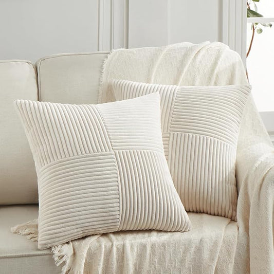 Fancy Homi 2 Packs Cream Euro Decorative Throw Pillow Covers 26x26 Inch for Living Room Couch Bed, Rustic Farmhouse Boho Home Decor, Soft Corss Corduroy Patchwork Textured Square Cushion Case 66x66 cm