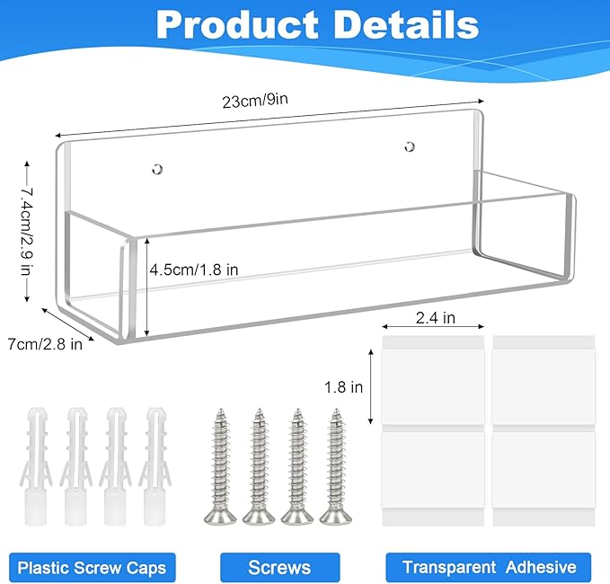 Acrylic Spice Rack Wall Mount-9 Inch, Clear Spice Shelf Storage Holder, 4 Pack Hanging Seasoning Rack Organizer for Cabinet Door, Cupboard or Wall Kitchen (Adhesive or Screw)