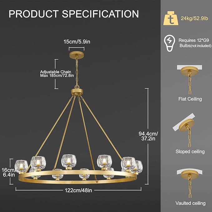 Gold Wagon Wheel Chandelier, 48 Inch Brass Chandeliers with Unique Glass Shade, 12-Light Crystal Large Wagon Wheel Chandeliers for Dining Room, High Ceiling Round Chandelier for Living Room, Foyer