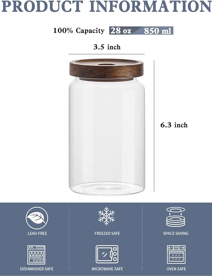 Kanwone Glass Storage Containers Set of 6, 28 Ounce Airtight Food Storage Containers with Bamboo lids, Clear Glass Jars for Pantry, kitchen, Flour, Sugar, Tea, Coffee, Snack, Cookies, Spice and Herbs