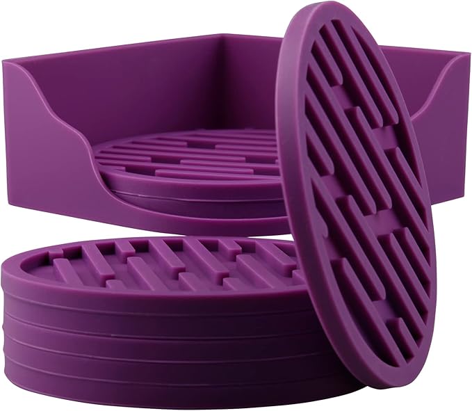 Coasters for Drinks & Coffee Table, Silicone Cup Coasters Set 8 with Holder, Cute Soft Cool Bar Coaster Dia 4 Inch, Beer Funny Coaster for Tabletop, Desk and Outdoor Purple