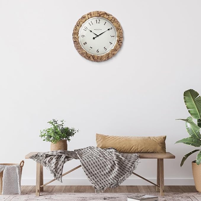 Presentime & Co. Farmhouse Series, Rustic Woven Clock, 12.6 inch, Natural Woven Water Hyacinth/Sea Grass. Wall Sculpture, Wall Art and Timepiece for Home Decoration/Decoration/Farmhouse Décor