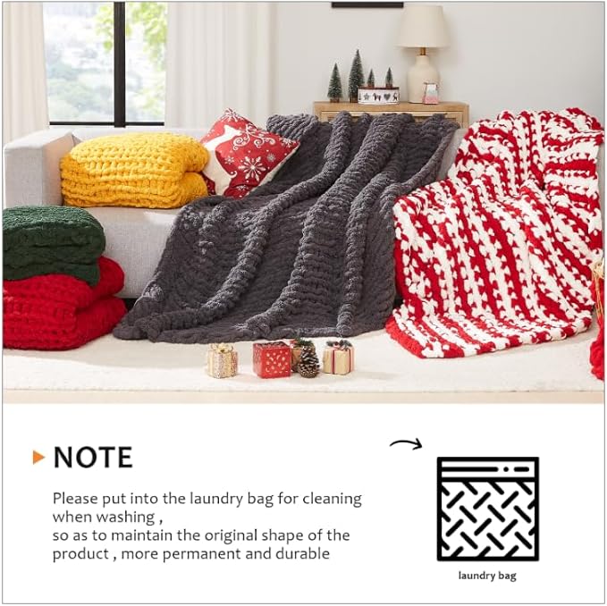 L'AGRATY Chunky Knit Blanket Throw - Soft Throw Blanket 60x80: 100% Hand Kintted Chenile Crochet Throw Blanket for Couch - Large Cable Knit Blanket for Home Decor(Dark Grey)