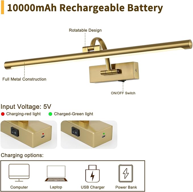 Wireless Picture Lights with Remote and Timer Rechargeable Brass Gallery Lighting Battery Operated Art Lights Over Frame Portrait 5W 24'' Inch Warm White