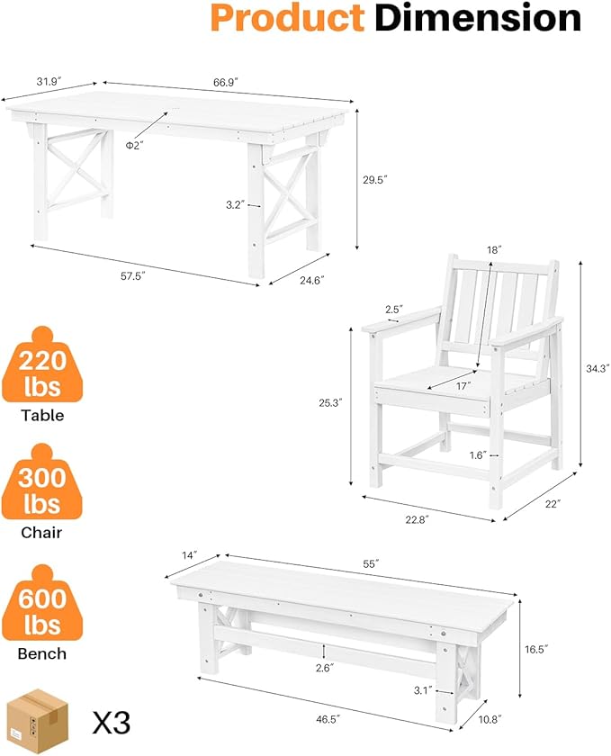 HDPE Outdoor Dining Set of 6, Patio Dining Table Set with 4 Chairs and 1 Bench, 6 Pieces HDPE Dining Set with Umbrella Hole, Outdoor Furniture Sets for Deck, Poolside, Garden, Pearl