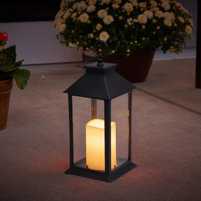 YAKii Hanging Glass Panes Lantern Portable Led Candle Light Operated by 3AAA Battery Use for Garden Yard, Indoor & Christmas Day Decoration etc (Black 2PCS)