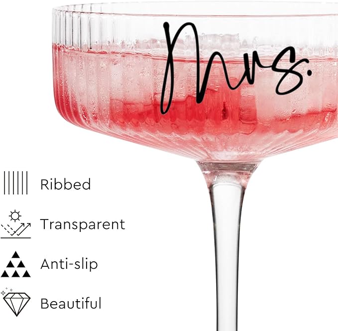 Ribbed Coupe Glasses for Anniversary Engagement Wedding Bridal Shower Gifts for Couple, Crystal Martini Glasses Set of 2, 10 Oz Vintage Wedding Mr and Mrs Champagne Flutes, Margarita Cocktail Glasses