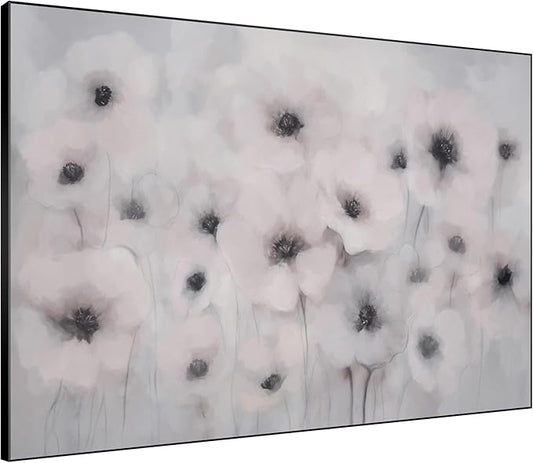 36"x46" Extra Large Framed Wall Art Soft White Poppies Watercolor Floral, Delicate Botanical for Home Living Room Bedroom Decor (Frame Assembly Required)