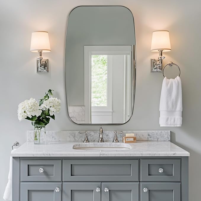 ANDY STAR Brushed Nickel Oblong Mirror, 32x40 Inch Brushed Nickel Oval Mirror for Bathroom with Stainless Steel Metal Frame, Wall Mouned for Bathroom, Living Room, Entryway