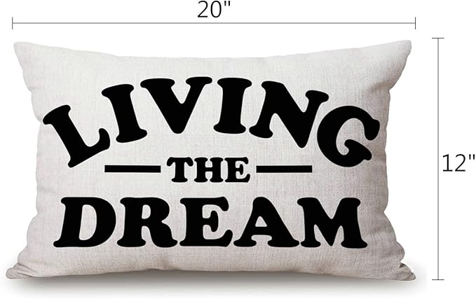 Living The Dream Waist Lumbar Cotton Linen Throw Pillow case Cushion Cover for Sofa Home Decorative Oblong 12x20 Inches