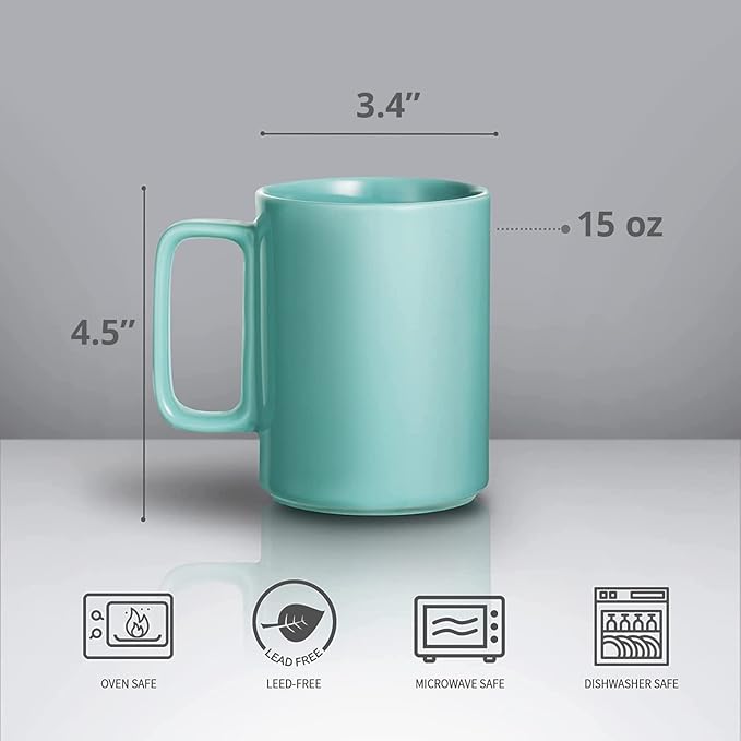 E-liu Porcelain Tea Mugs Coffee Mug Set, Large 15 Ounces Cups for Coffee, Tea, Cocoa, and Mulled Drinks, Set of 6, Turquoise