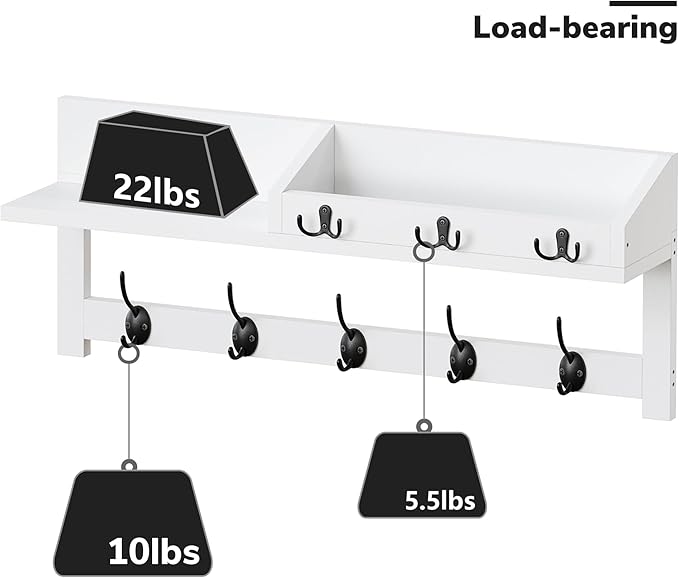AMBIRD 26.57-Inch Wall Hanging Shelf With Coat Hooks - Entryway Wood Rack With 5 Dual Hooks, 3 Key Hooks, Mail Organizer and Key Holder (White)