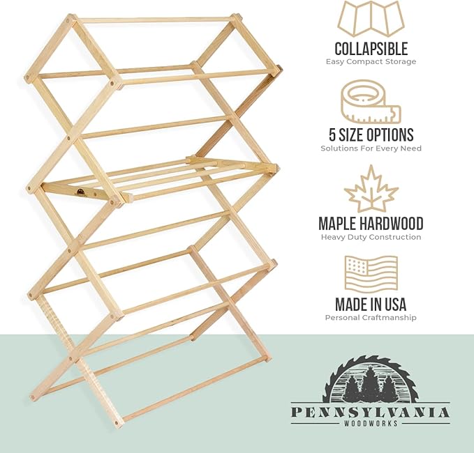 Pennsylvania Woodworks Clothes Drying Rack: Solid Maple Hard Wood Laundry Rack for Blankets, Towels, Bedding & More, Heavy Duty Folding Drying Rack, Made in USA, No Assembly Needed, XXLarge