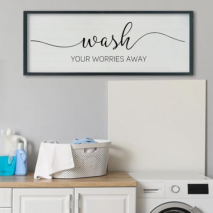 SRSZHIYUE Wash Your Worries Away Bathroom Sign Wall Art 40"x15" Funny Restroom Toilet Large Wood Framed Hanging Decor (Black)