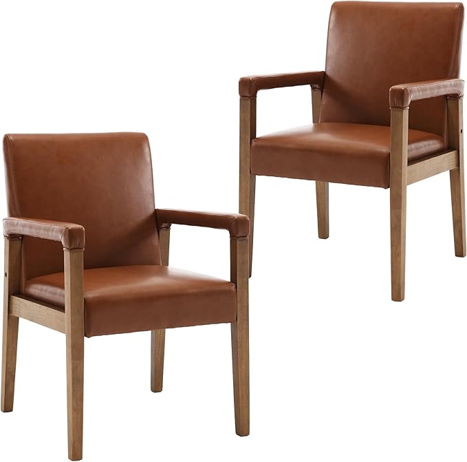 Mid Century Modern Dining Chairs Set of 2 Faux Leather Upholstered Living Room Side Chair, Kitchen Arm Chair with Solid Wood Legs for Home Kitchen & Restaurant, PU Brown