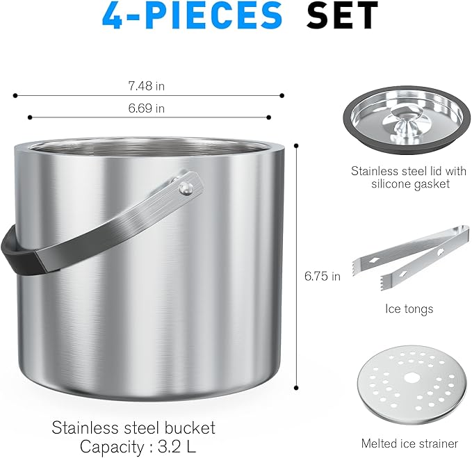 3.2 Liter Ice Bucket with Silicone Lid, Strainer, Tongs, Double Wall Insulated Stainless Steel Ice Bucket Wine Bucket for Cocktail Bar and Parties