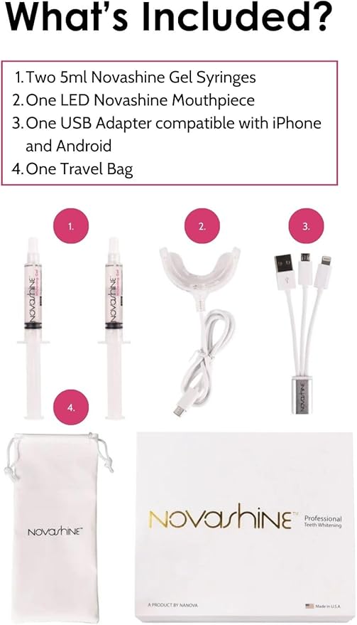 Novashine Professional Teeth Whitening Kit: Advanced Blue LED Light, Concentrated Peroxide Gel, Smartphone Adapter, Travel Bag
