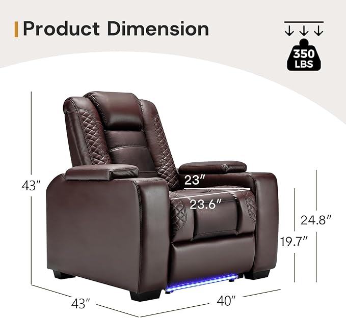 ANJ Power Home Theater Seating, PU Leather Electric Recliner Chair with Powered Headrest, Dual Motors Movie Reclining Chairs with LED Lights,USB Port, Cup Holders, Hidden Arm Storage (Brown)