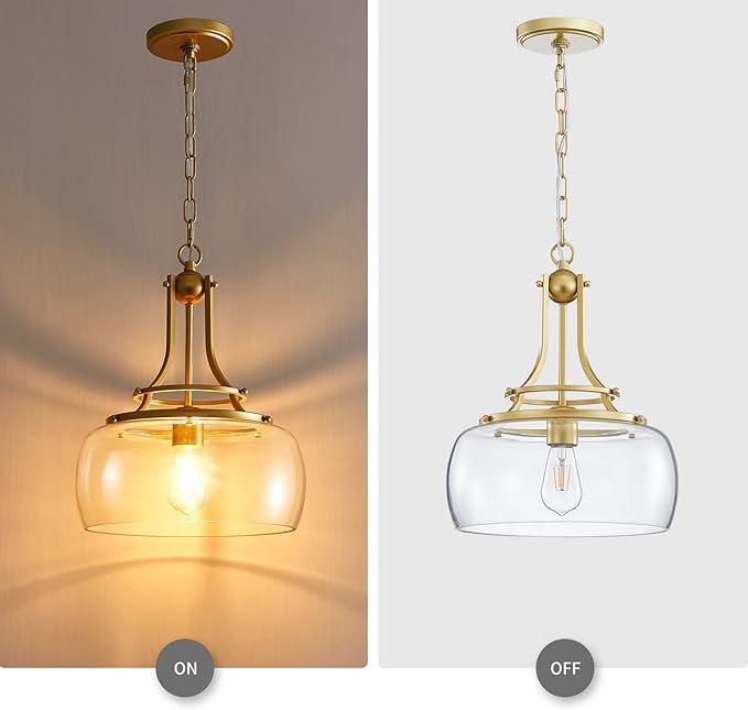 WUZUPS Chandelier Rustic Farmhouse Industrial Round Ceiling Pendant LED Light Fixture with Clear Glass Shades for Dining Room Kitchen Island Foyer Entryway, H 17" x W 13.4", E26 Base, Gold