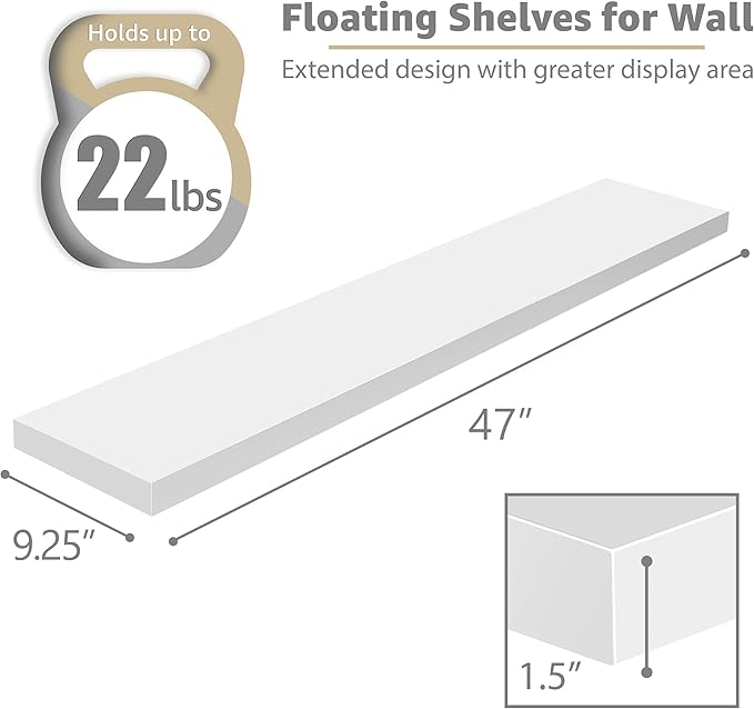 Sorbus Floating Shelves for Wall - 48 Inch Long Bathroom Shelves, Wall Decor for Bedroom, Kitchen, Living Room & Book Storage - Mounted Floating Shelf with Invisible Brackets (White, 2 Pack)