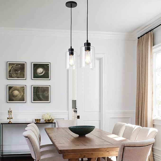 Modern Black Farmhouse Clear Glass Cylinder Pendant Light Fixture,Mini Pendant Lighting for Kitchen Island Decor - 4.75 Inch Shade, 2-58 Inch Cord (Black 3 Pack)