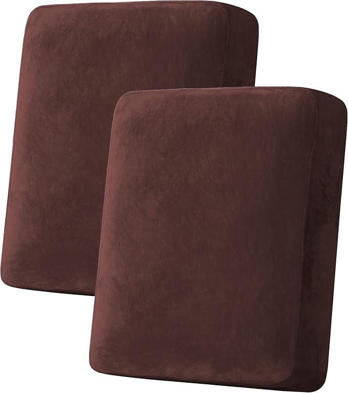 H.VERSAILTEX Velvet Stretch Couch Cushion Cover Plush Cushion Slipcover for Chair Loveseat Sofa Cushion Furniture Protector Seat Cushion Sofa Cover (2 Piece Medium Sofa Cushion Covers, Brown)