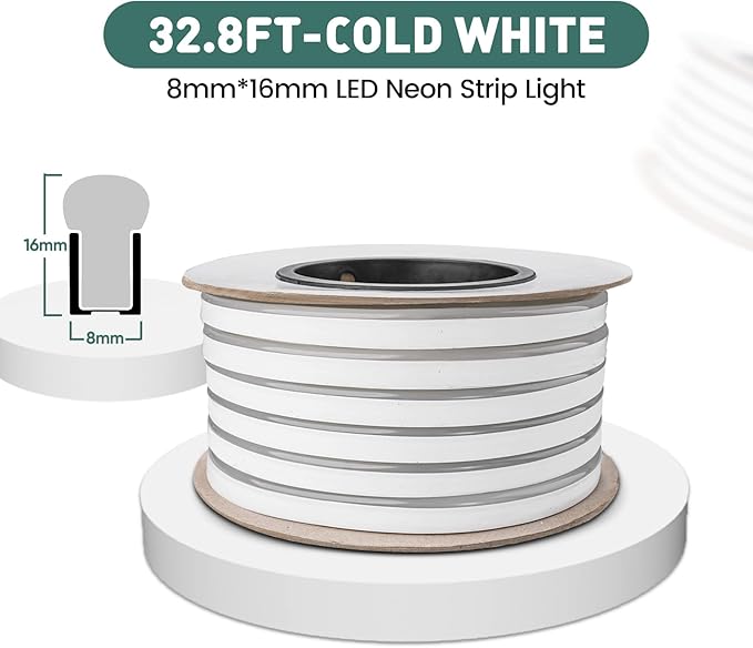 GZBtech Flexible LED Neon Rope Lights 33FT,AC 110-120V Waterproof Strip Light, 120 LEDs/M Cuttable Connectable Neon Lighting for Indoor Outdoor Home Decor/Commercial Building Use-Cold White 10M