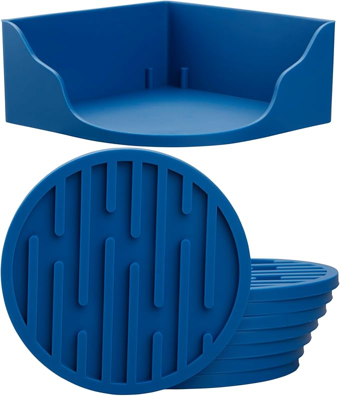 Coasters for Drinks & Coffee Table, Cute Silicone Cup Coasters with Holder, Drink Coaster Set of 8, Soft Cool Bar Coaster Dia 4 Inch, Beer Funny Mat for Tabletop, Desk and Outdoor Blue