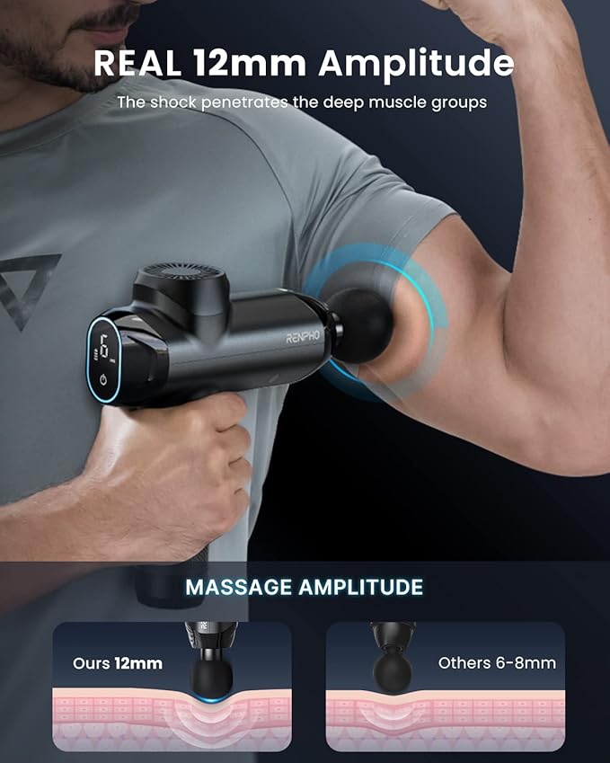 RENPHO Massage Gun Deep Tissue with 12mm Amplitude, Percussion Muscle Massage Gun, Portable Electric Handheld Massager Gun, LED Touch Display Carry Case Power