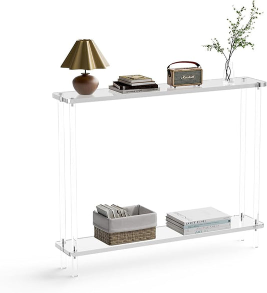 Acrylic Console Table, 2 Tier Acrylic Narrow Console Tables for Entryway,CHICUN, Square Legs, Skinny Console Table for Foyer, Sofa, Living Room,Clear
