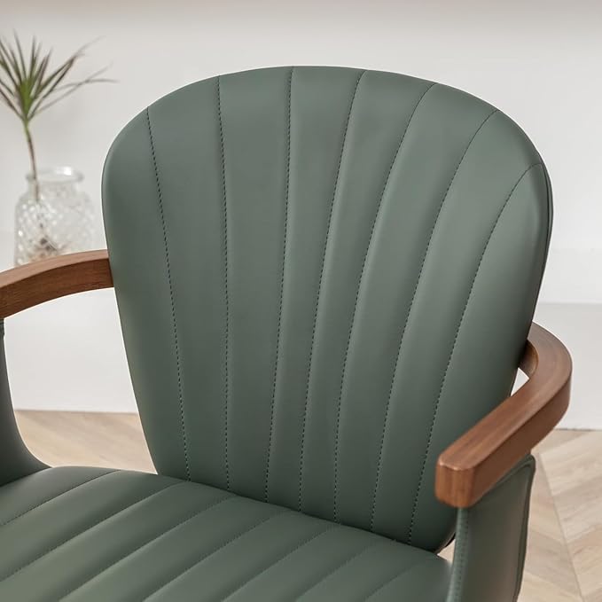 LUNLING Swivel Dining Chairs, Mid Century Modern Green Faux Leather Kitchen Chairs with Arms,Bamboo Legs Side Chairs No Wheels,Accent Chair for Dining Rooms and Offices,1PCS