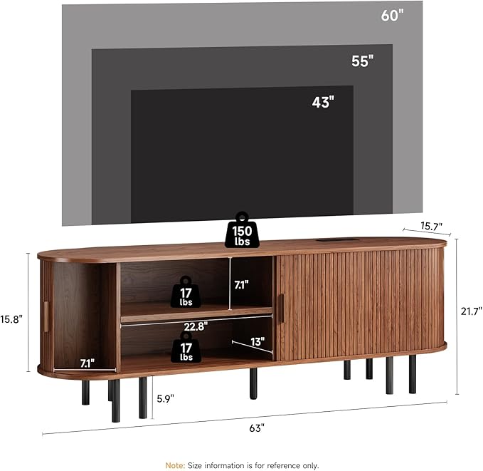 63" TV Stand with Power Outlet, Modern Media Console with Sliding Doors, Entertainment Center for TVs up to 60 Inch, Adjustable Shelves, Walnut