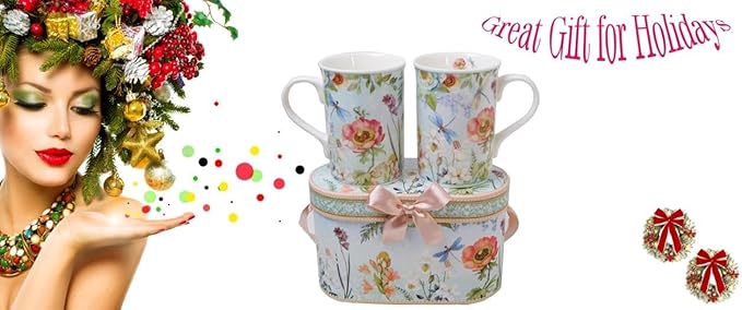 Lightahead Elegant Bone China Two Coffee Mugs Set in Floral Design 10.8 oz Each Cup in Attractive Gift Box