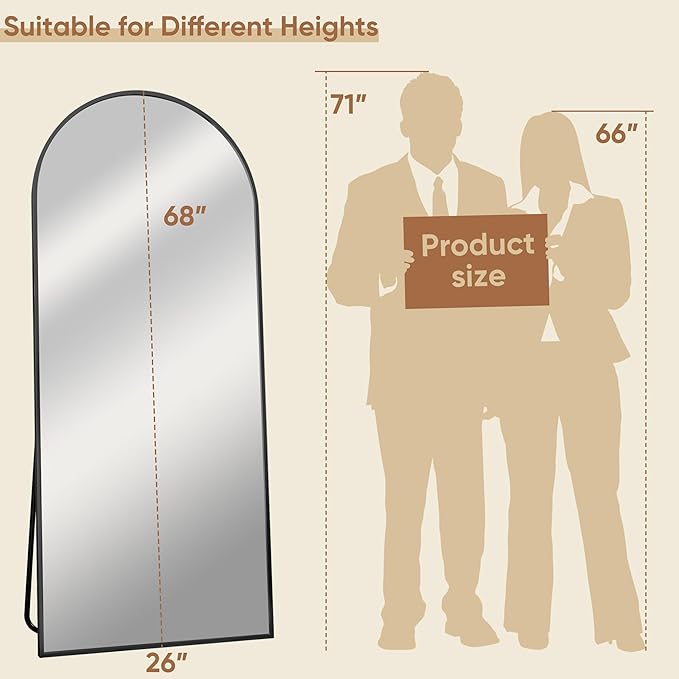 68"x26" Full Length Mirror, Arched Full Body Mirror, Standing Hanging or Leaning Floor Mirror for Bedroom and Living Room, Black