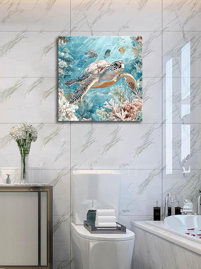 Sea Turtle Bathroom Wall Decor Ocean Theme Framed Canvas Wall Art Coastal Nautical Prints Picture Watercolor Coral Marine Life Painting for Kid Bedroom Living Room Home Decoration 14x14”
