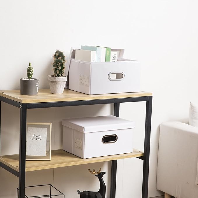 PRANDOM Collapsible Storage Box with Lid [1-Pack] Leather Fabric Foldable Storage Bin Organizer Container Basket Cube with Cover for Home Bedroom Closet Office Nursery White (13.6x9.6x6.9)