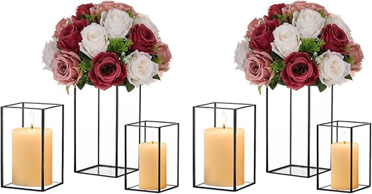 Hewory Glass Hurricane Candle Holder Set of 6, Black Large Hurricane Centerpiece for Table, Tall Floor Square Pillar Candle Holders Lantern Set for Wedding, Anniversary, Party, Fireplace, Dining Room