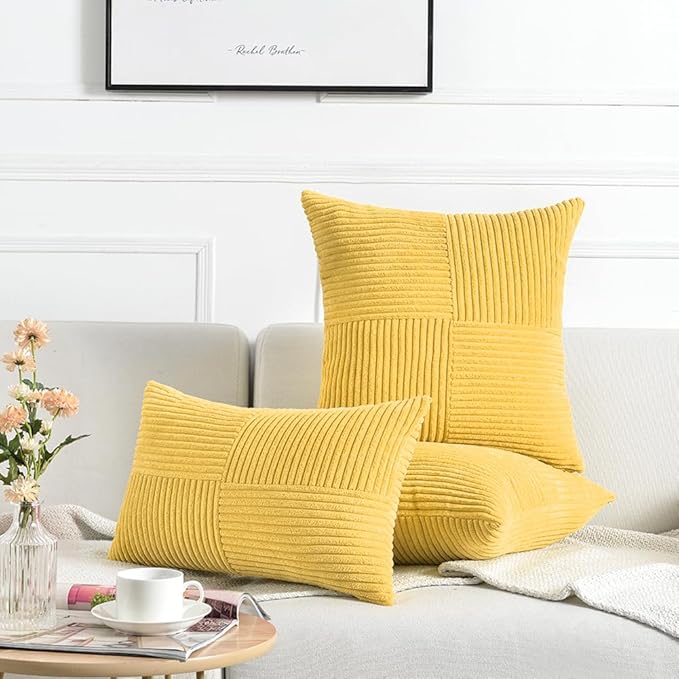 Fancy Homi 2 Packs Yellow Decorative Throw Pillow Covers 22x22 Inch for Living Room Couch Bed Sofa, Rustic Farmhouse Boho Home Decor, Soft Corss Corduroy Patchwork Accent Square Cushion Case 55x55 cm