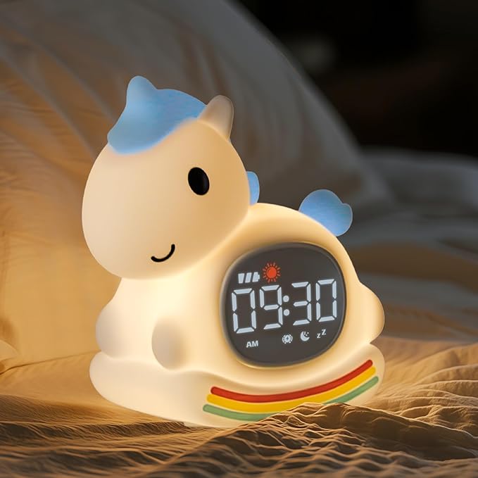 Alarm Clock for Kids with Night Light, Sleep Training Clock Time to Wake Clock, Rechargeable Silicone Light for Bedroom, Perfect Sleep Companion for Boys Girls, Blue Pony